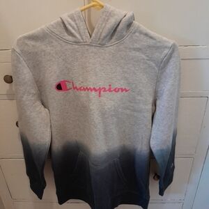 Champion Gray and Black Hoodie with Pink Logo